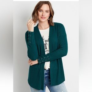 Solid Lace Up Sleeve Open Front Cardigan